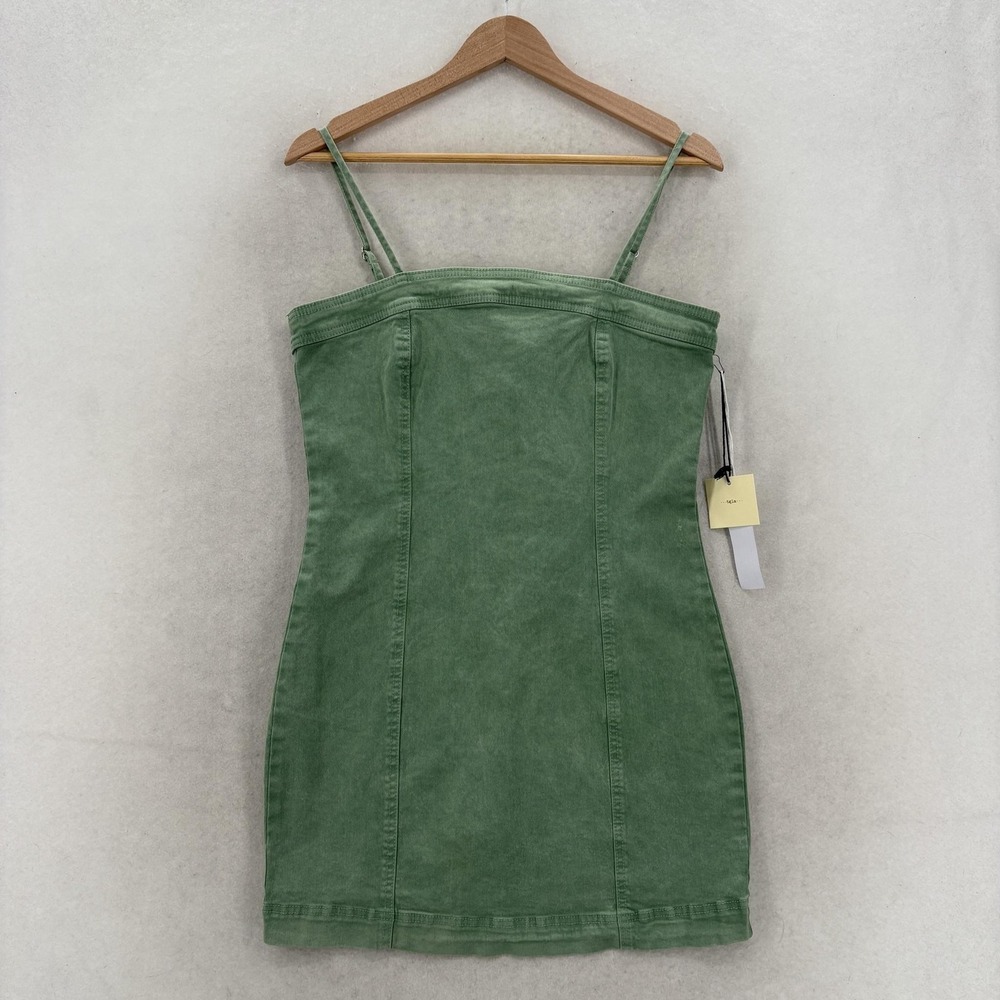 Tgla Dress Womens M Green Denim Bodycon Mini Lace Up Zip Back Strappy Anthro NWT